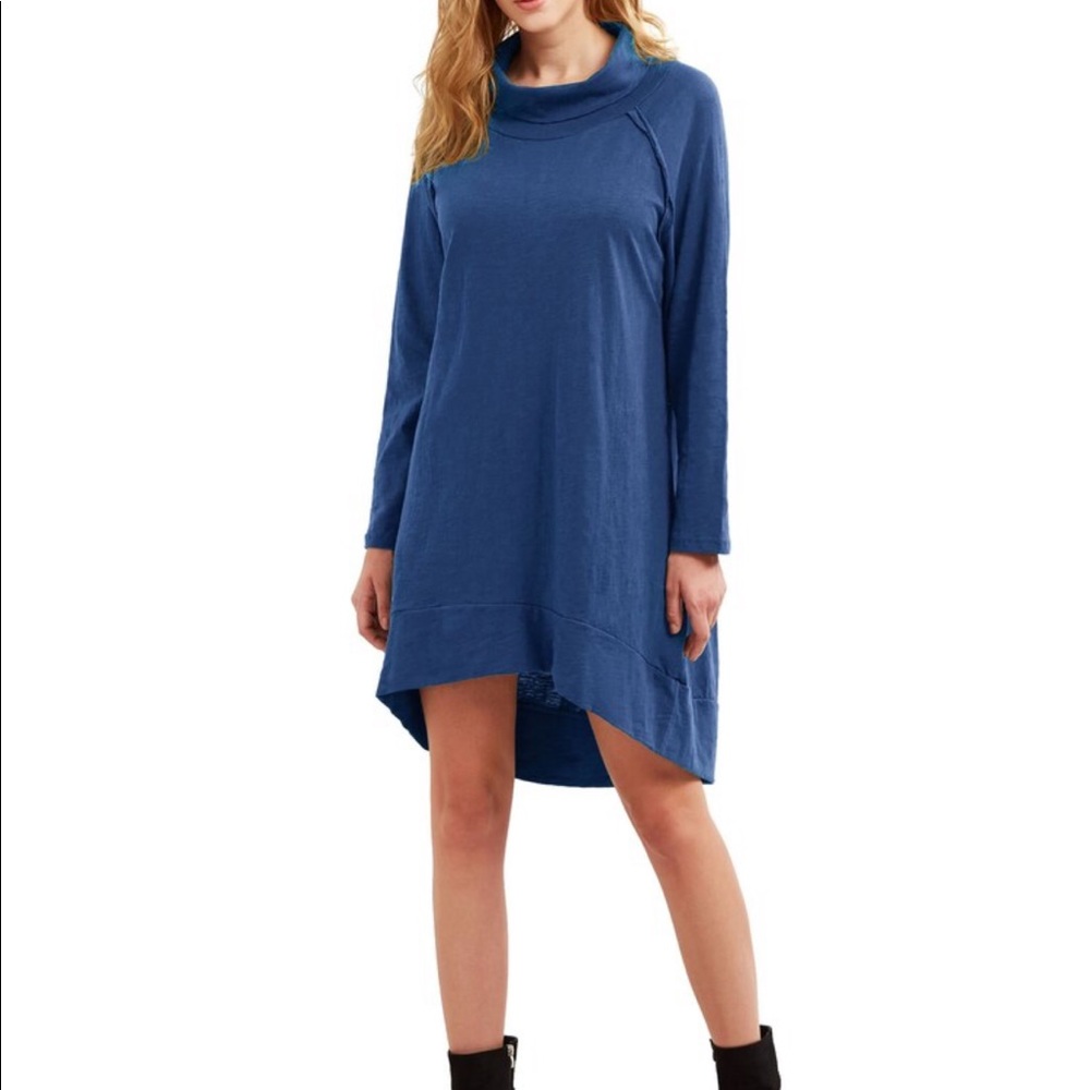 Royal blue cowl neck dip hem dress